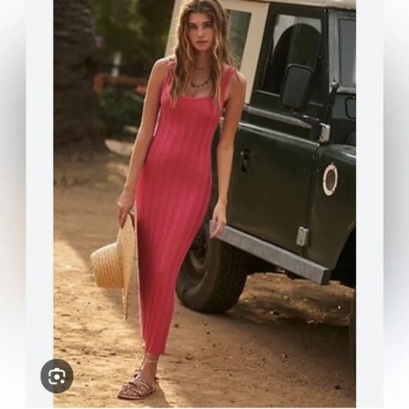 Free People Dresses & Skirts - Free People Beach womens stretch Santos Pink Ribbed Bodycon Maxi Dress size XL